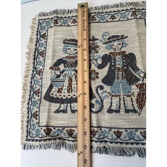 Vtg Kolf Blue Woven Tapestry Square Mats Austrian Boy Girl Linen Blend Set of 3 - Picture 6 of 8